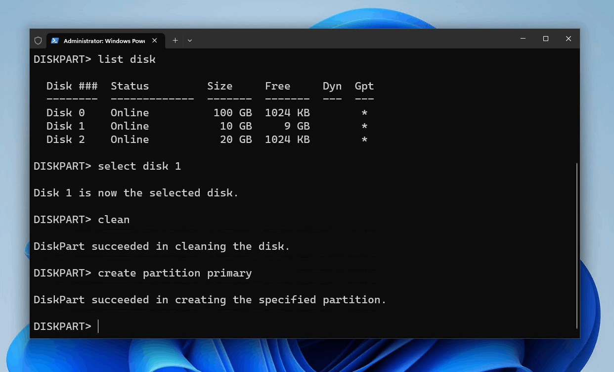 Creating a primary partition.