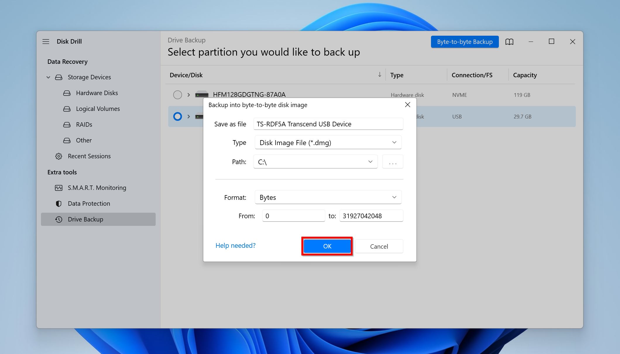 Backup location prompt in Disk Drill.