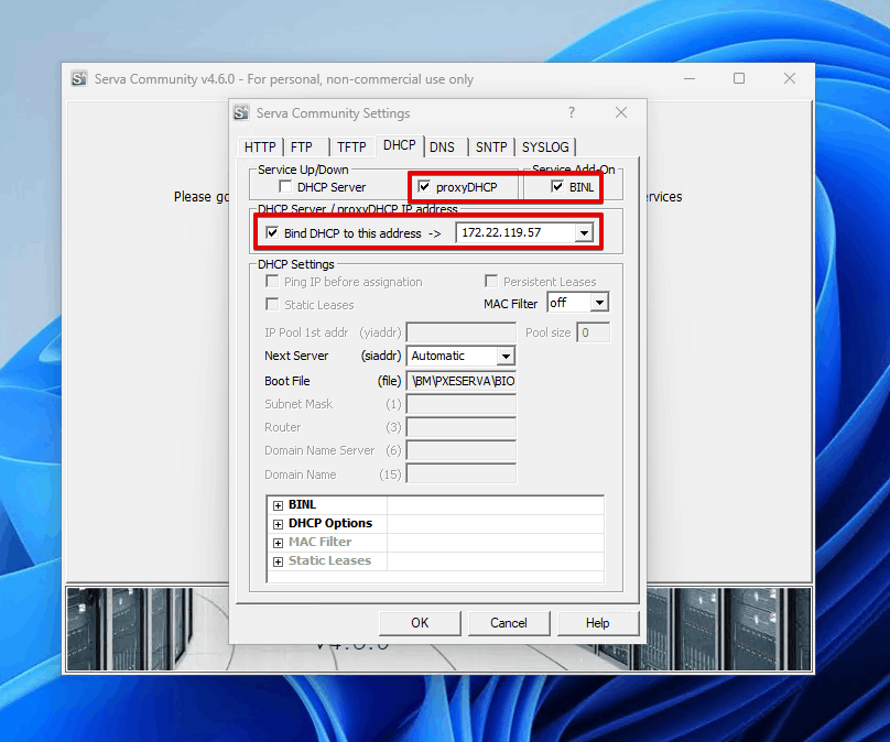 Inputting the DHCP settings.