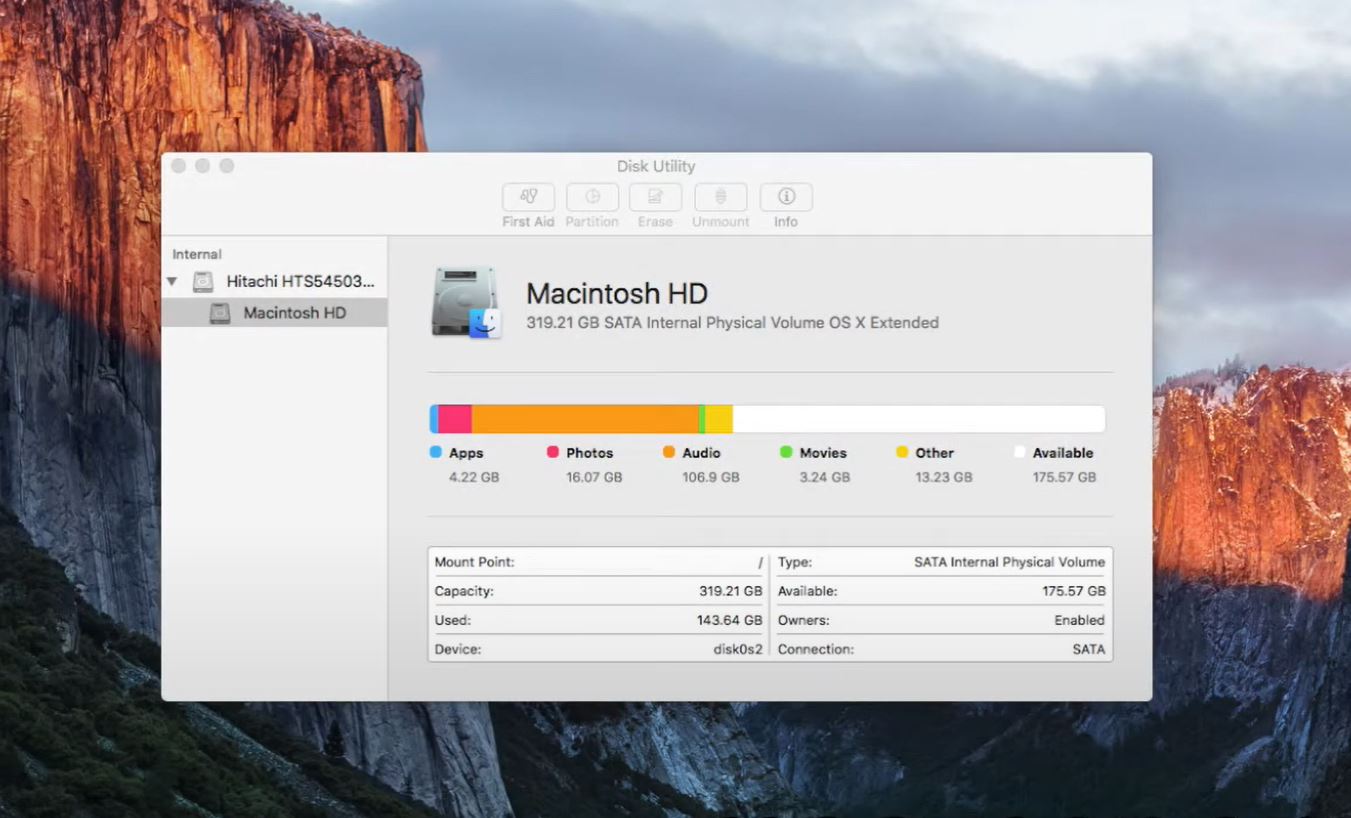 macOS'ta Disk Yardımcısı.