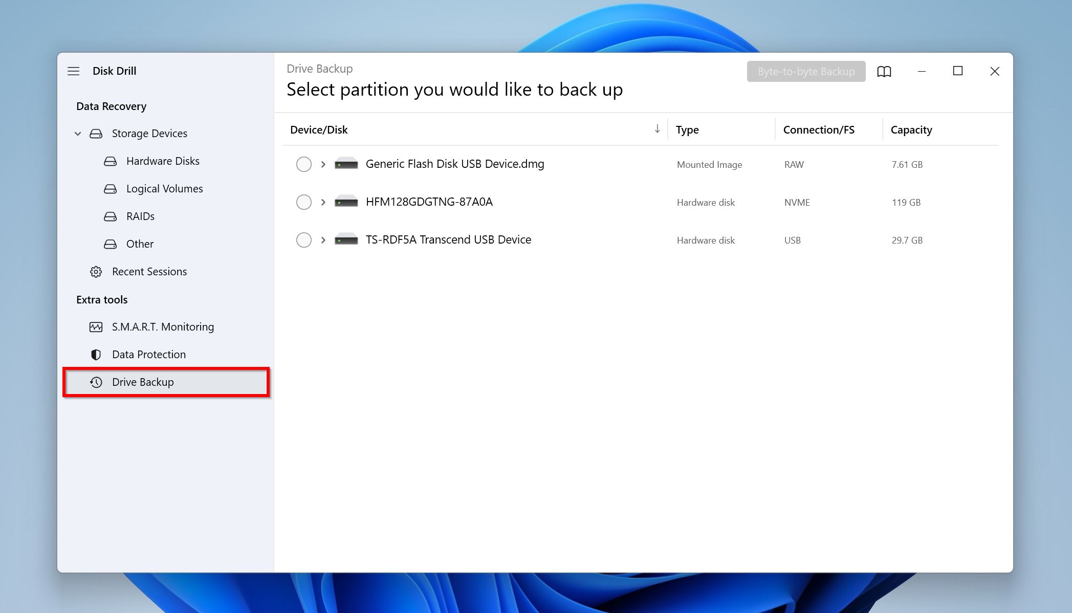 The Drive Backup option in Disk Drill.