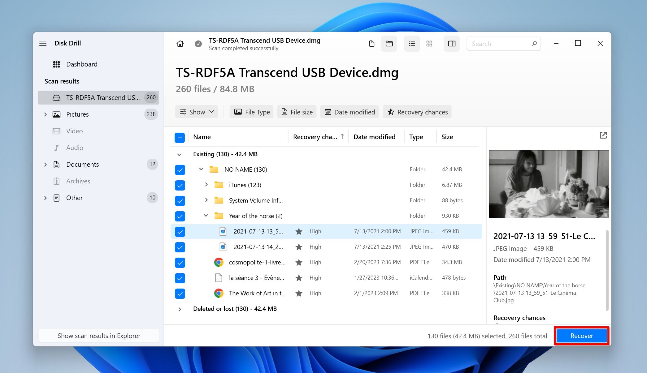 List of recoverable files after the scan is over in Disk Drill.