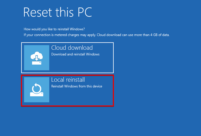 Choosing a local reinstall.