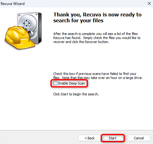 Using deep scan on Recuva