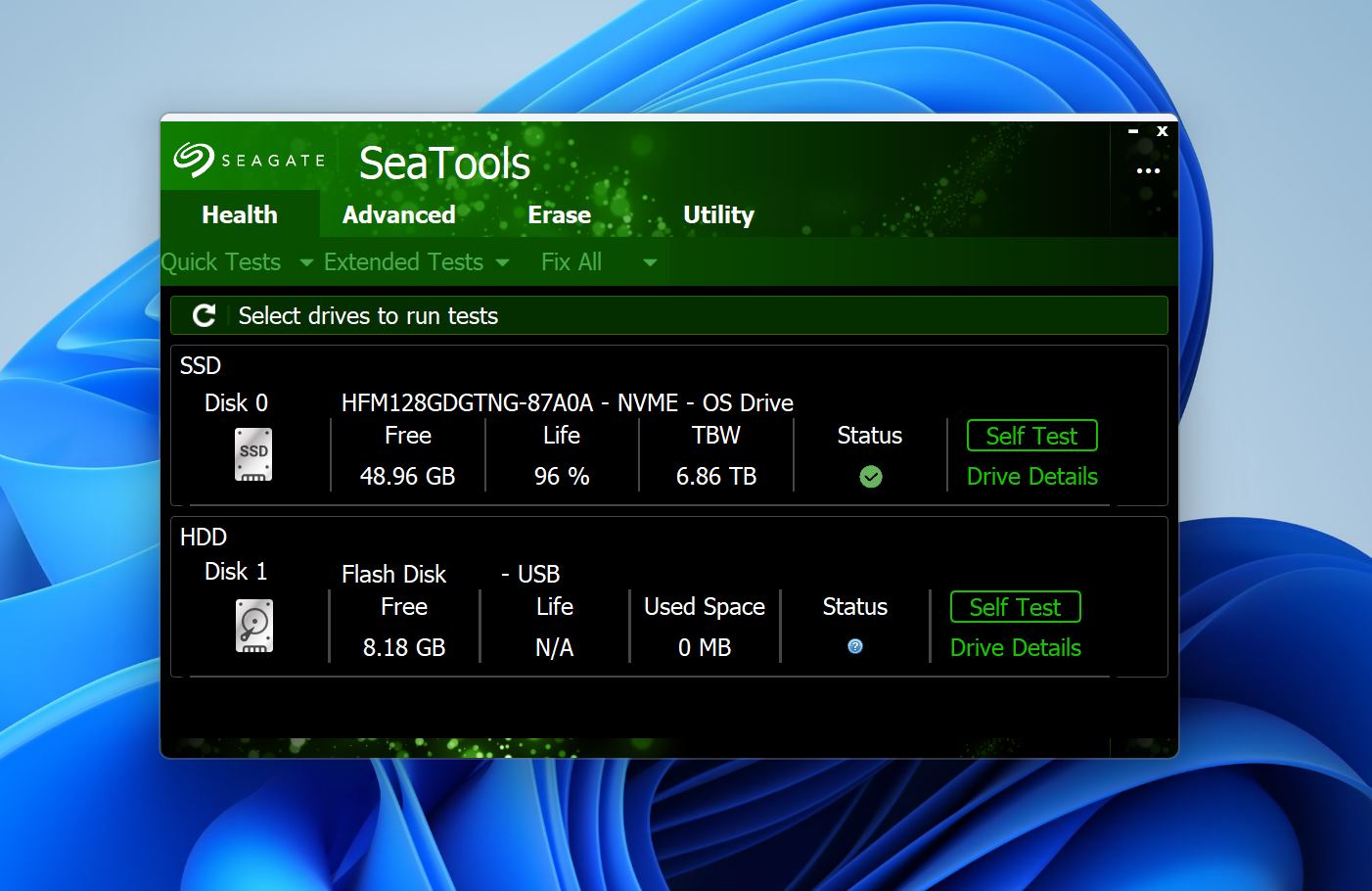 Dashboard do Seagate SeaTools.