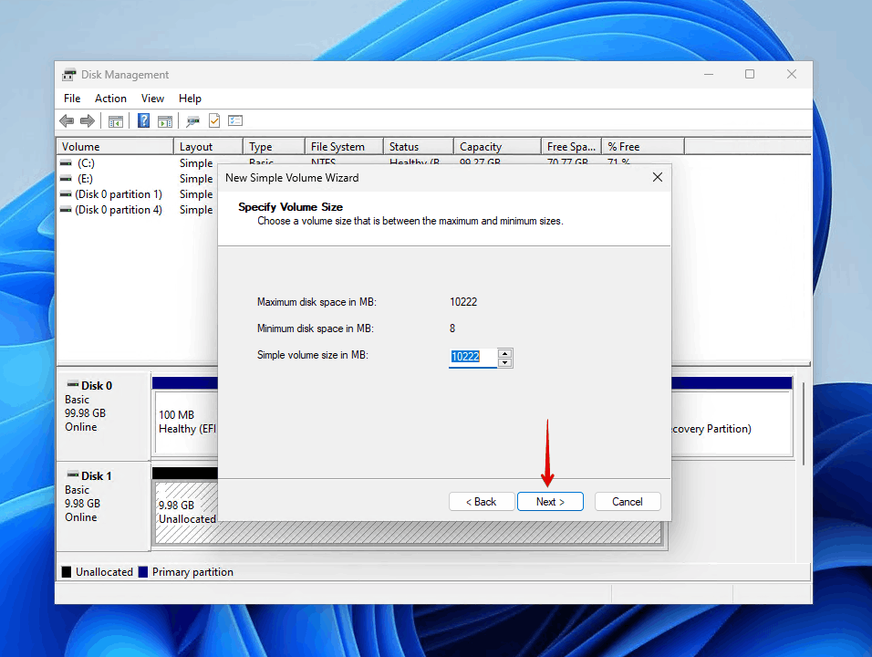 Specifying the volume size.