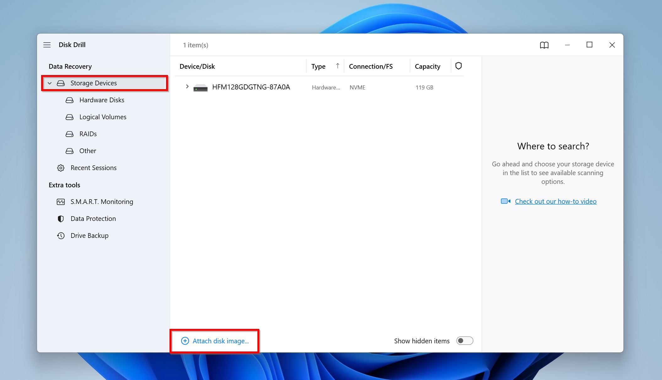 The Storage devices screen in Disk Drill.