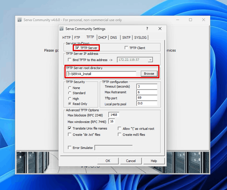 Inputting TFTP settings.