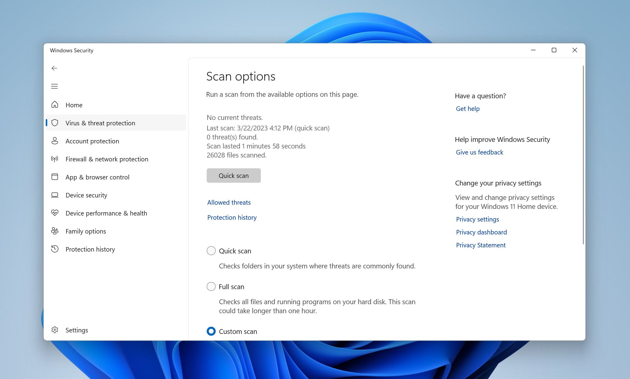 Opzioni di scansione di Windows Defender.