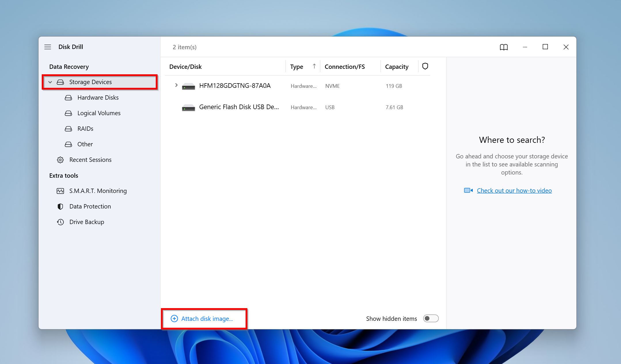 Attach disk image option in Disk Drill.