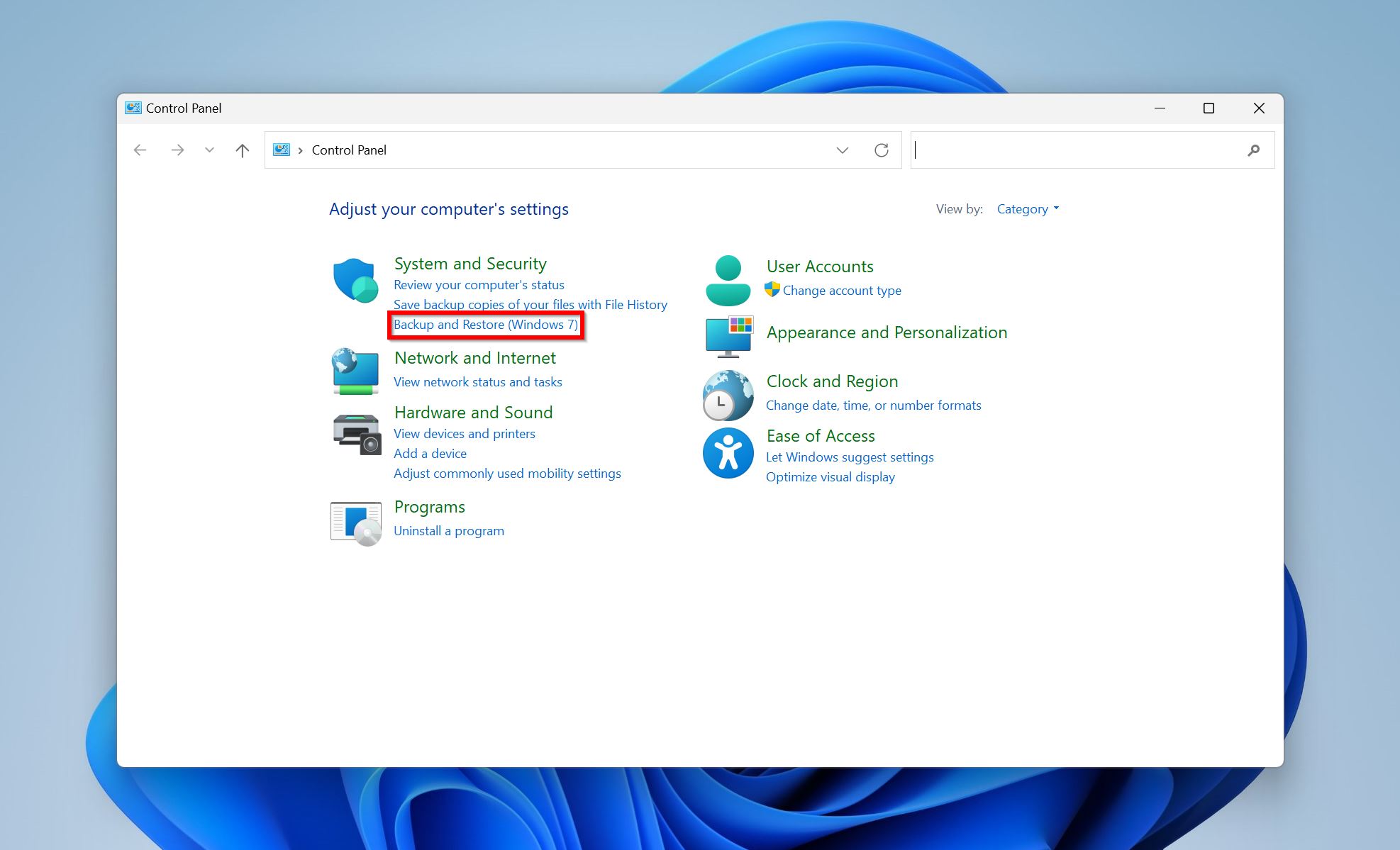 Windows Backup and Restore in the Control Panel.