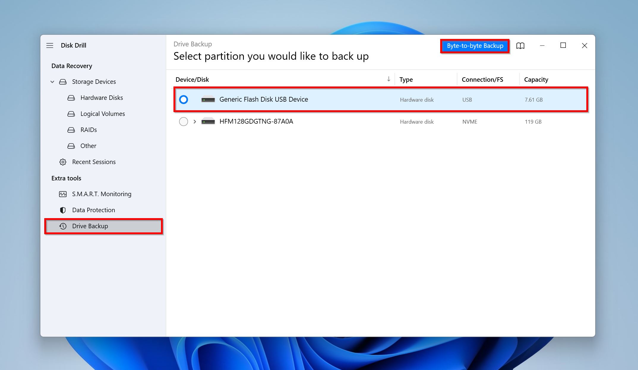 Byte-to-byte Backup screen.