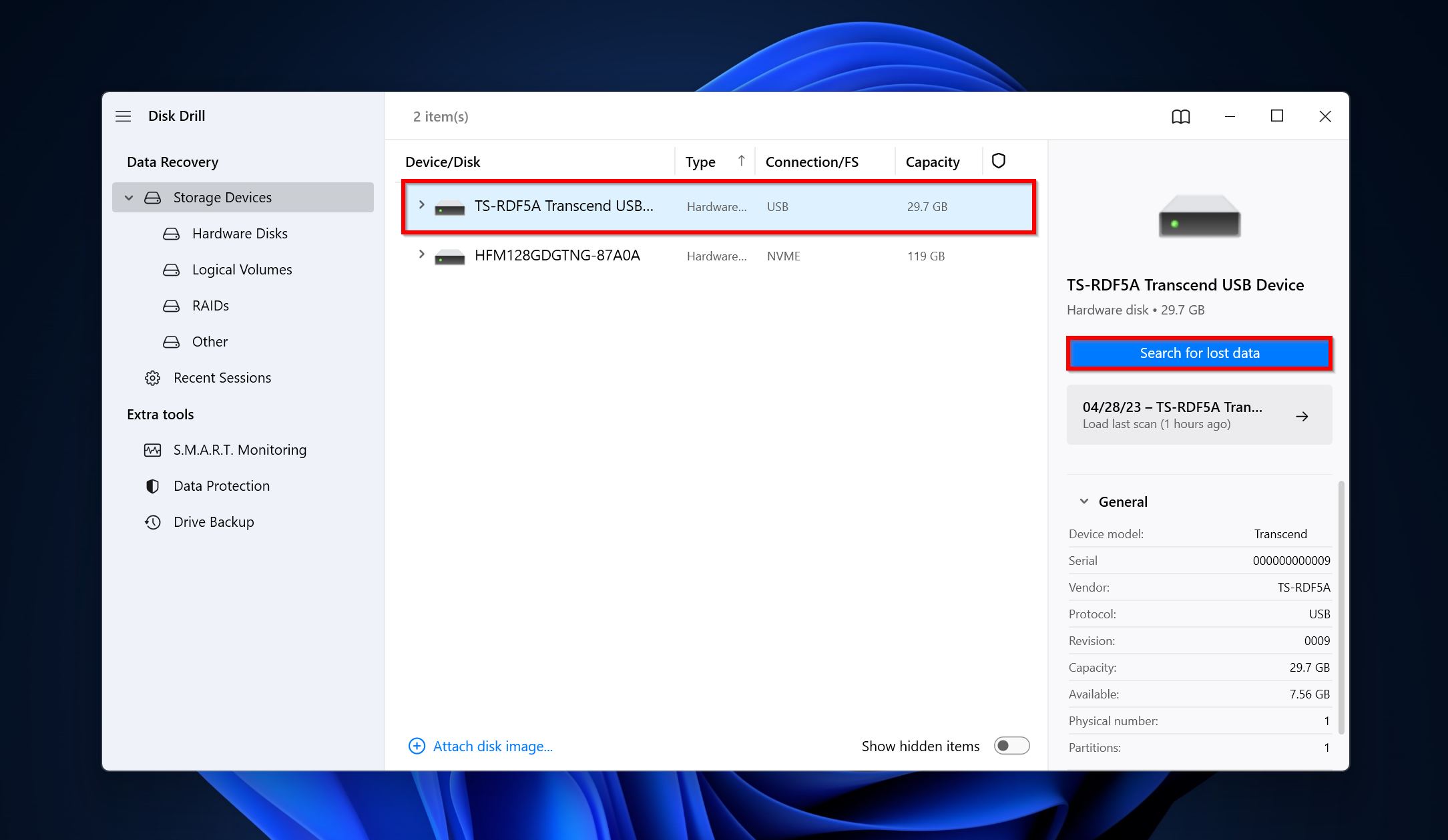 Search for lost data in Disk Drill.