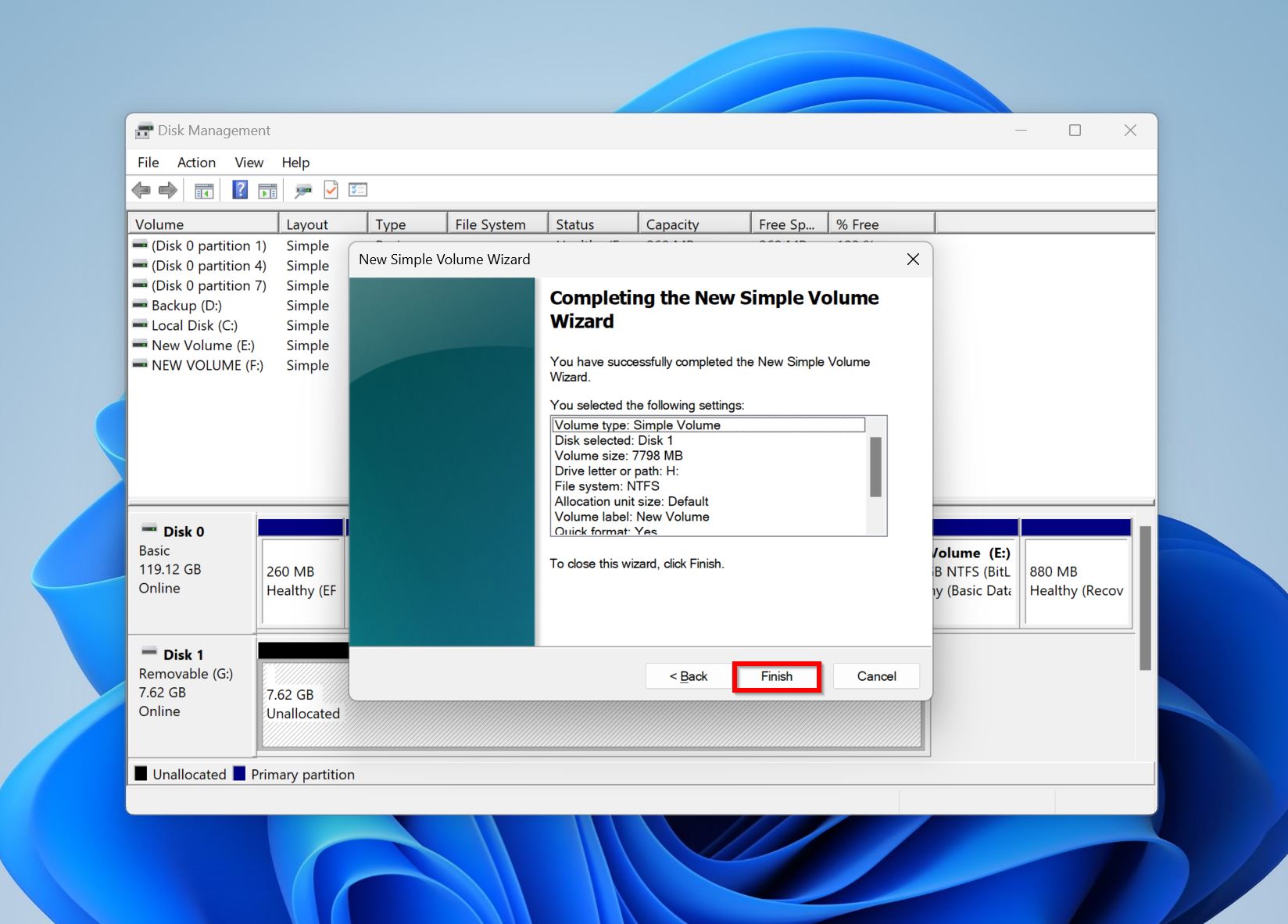 New simple volume wizard finish screen.