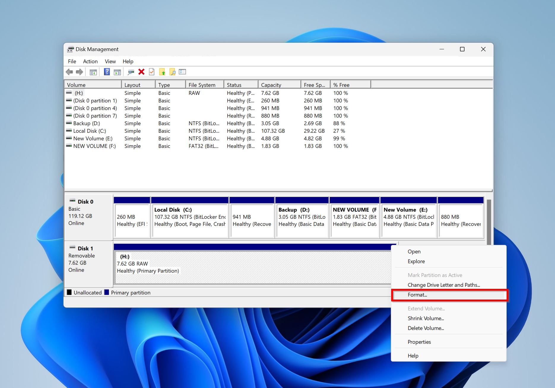 The format option in Disk Management.