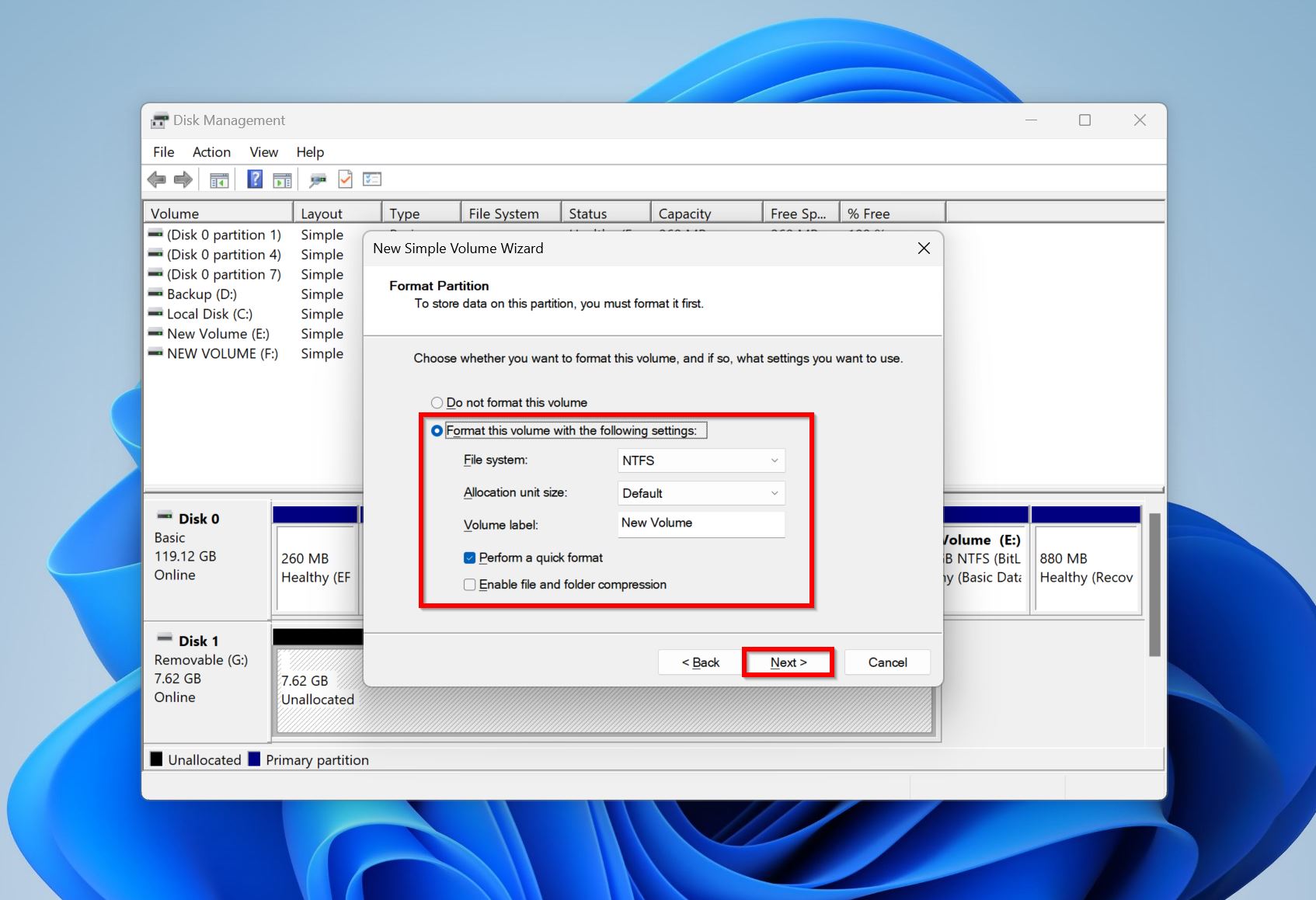 Format settings Disk Management.