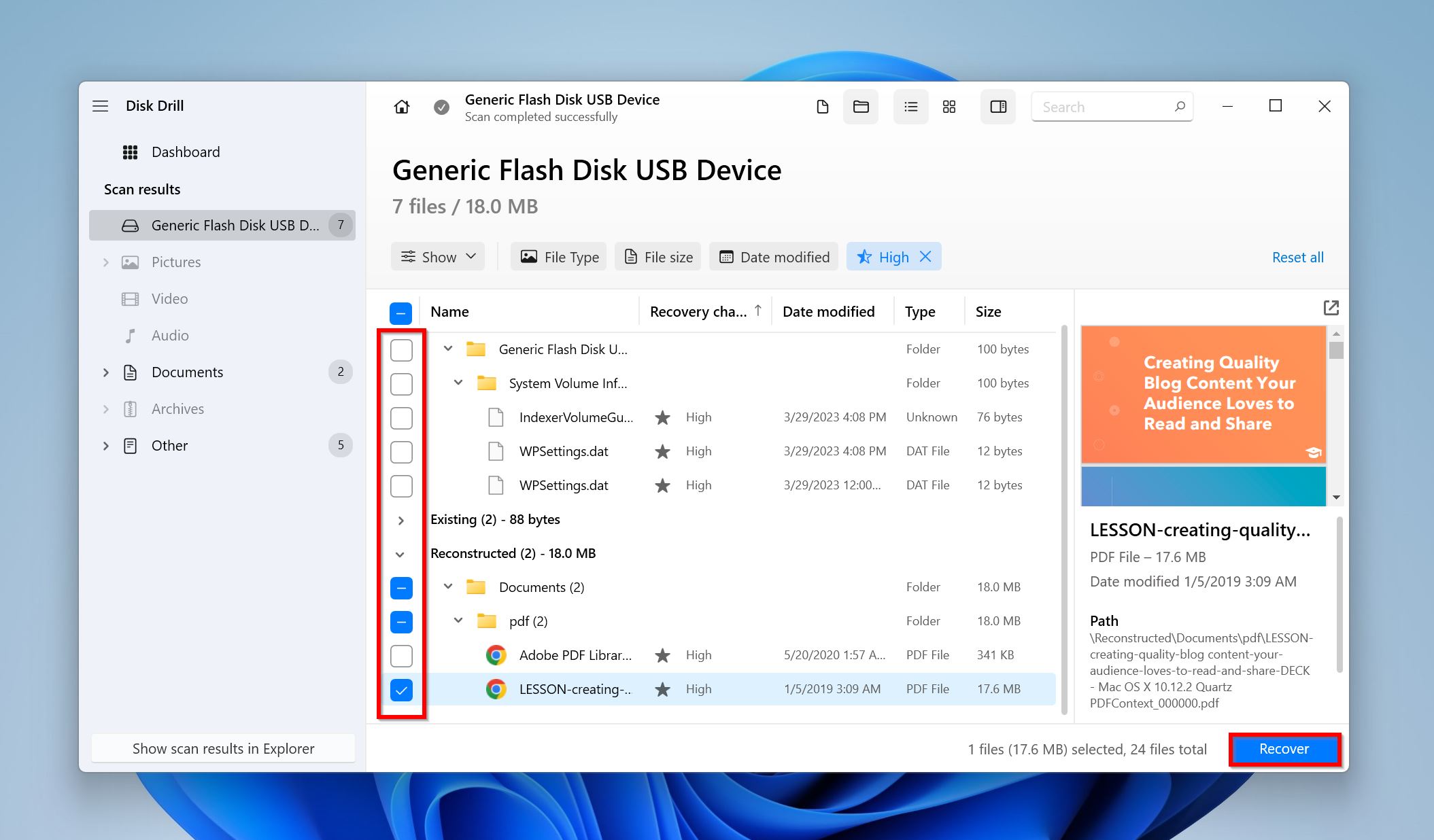 List of recoverable files in Disk Drill.