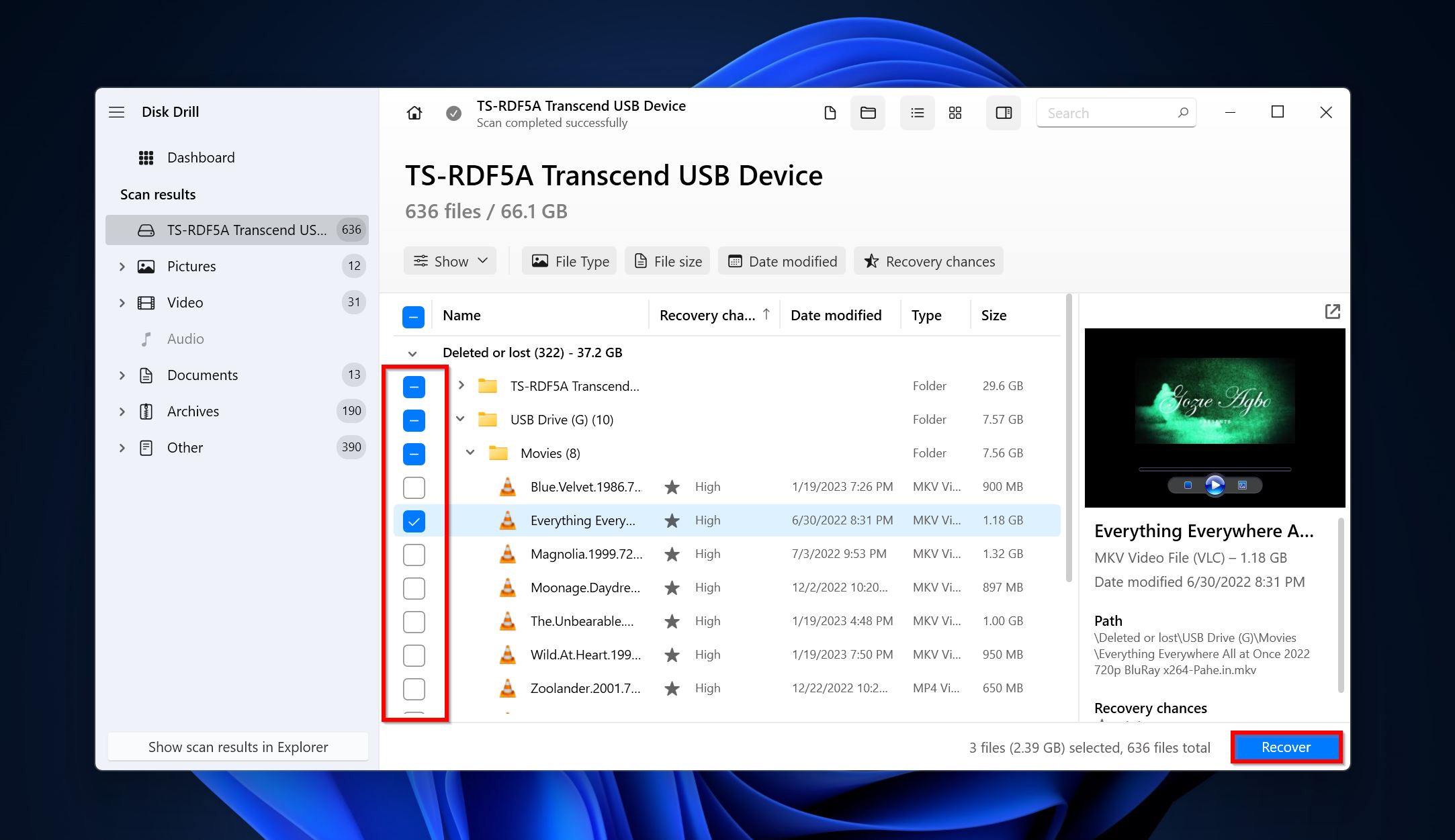 List of recoverable files in Disk Drill.