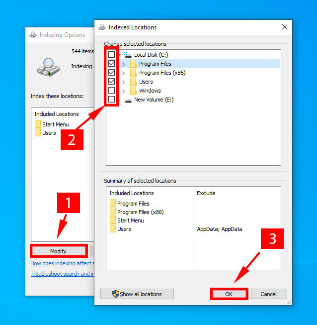 reset indexing options