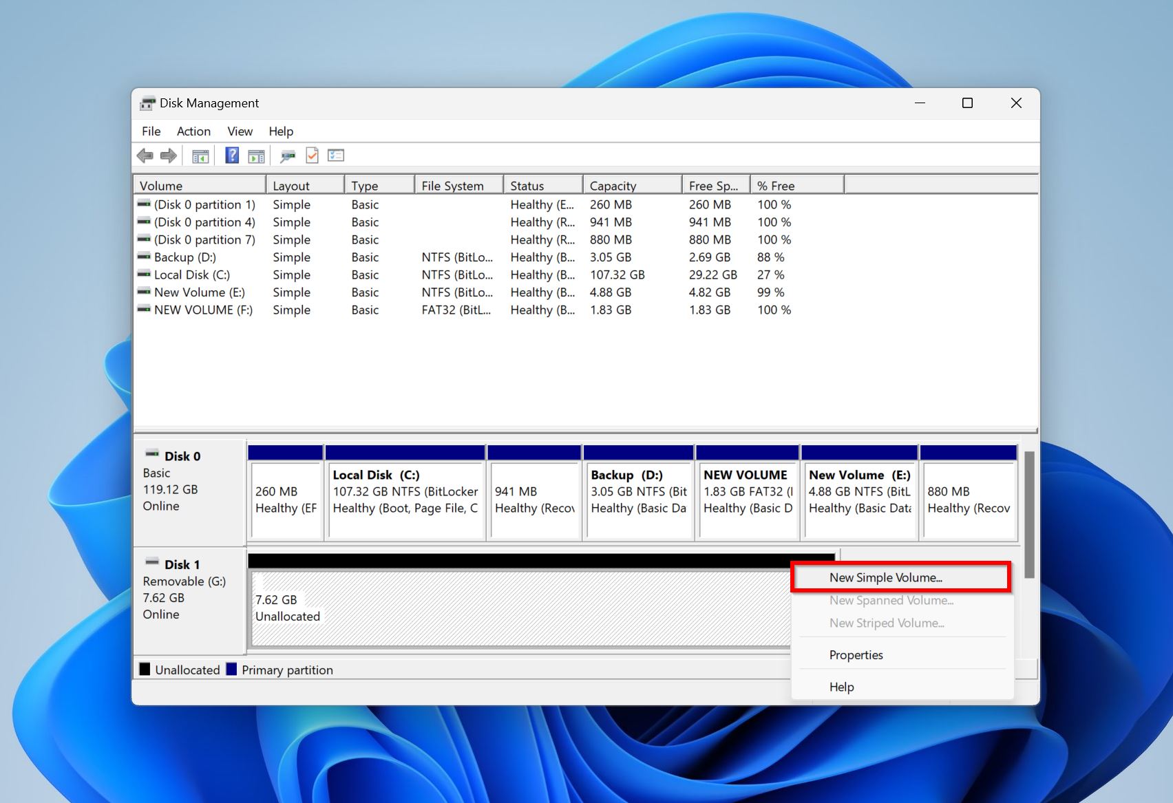 New simple volume option Disk Management.