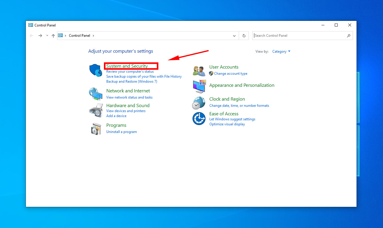 accessing system and security settings in control panel