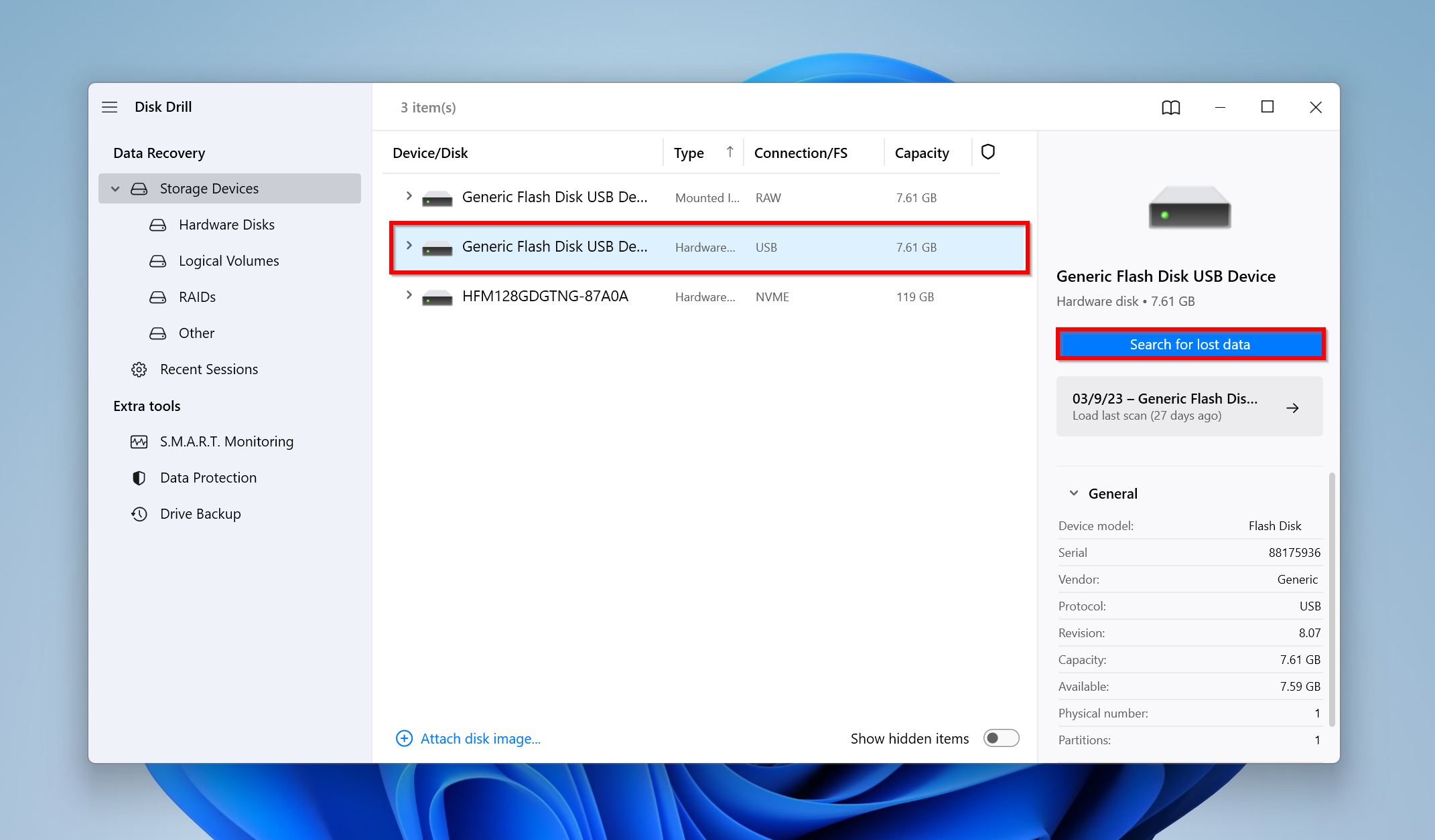 Search for lost data option in Disk Drill.