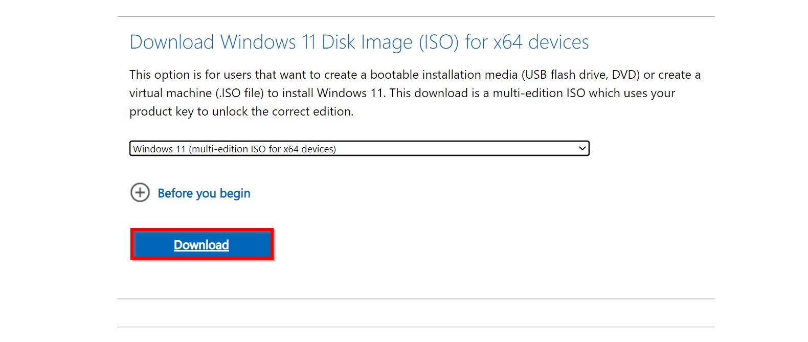 Windows 11 ISO 下載頁面。