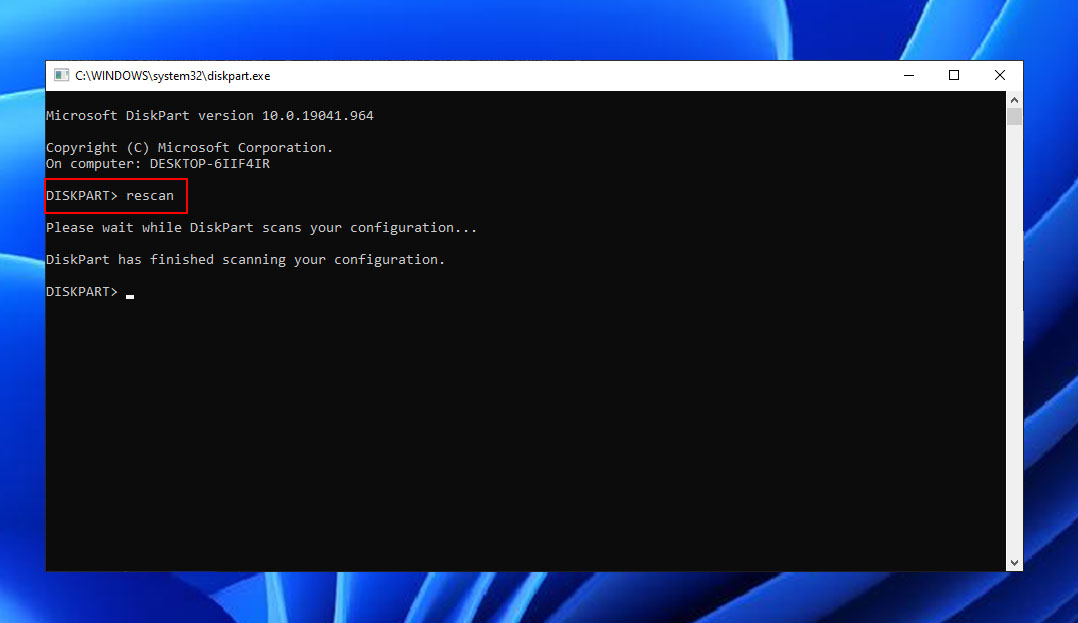diskpart rescan