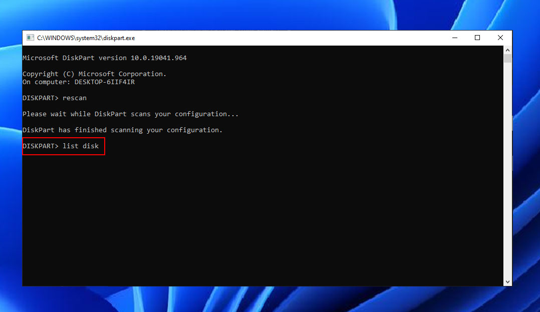 diskpart list disk