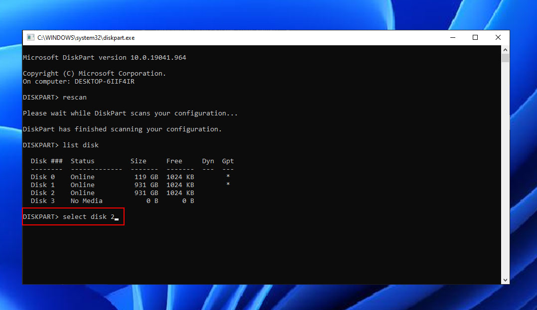 diskpart select disk