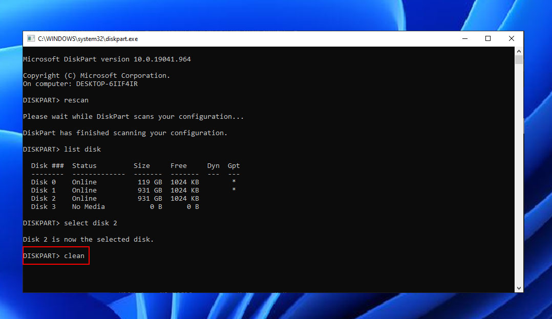diskpart clean