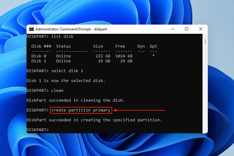 create partition primary command in Command Prompt