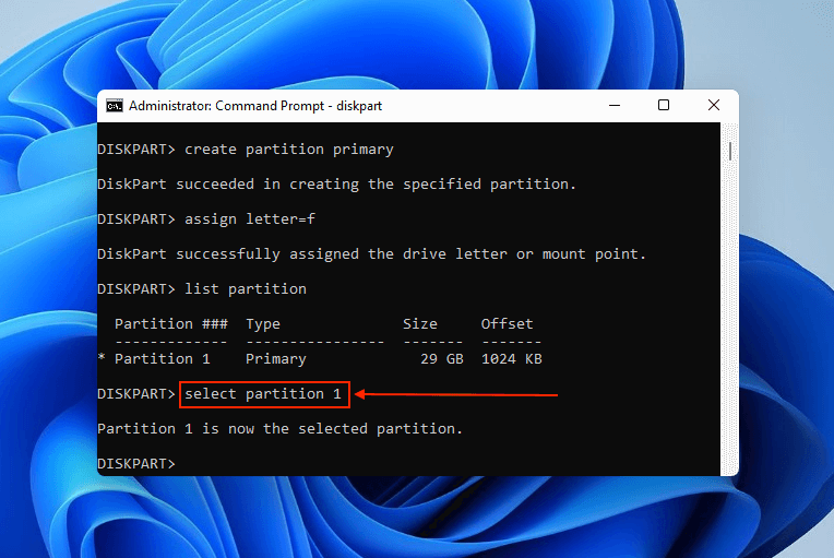 partition selection command in Command Prompt