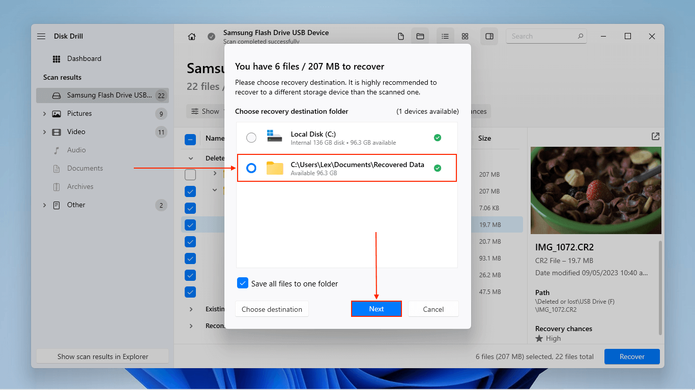 Destination selection dialog in Disk Drill