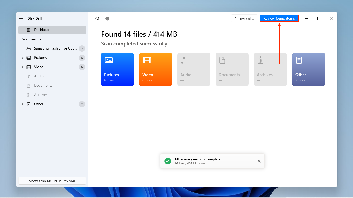 Scan results window in Disk Drill