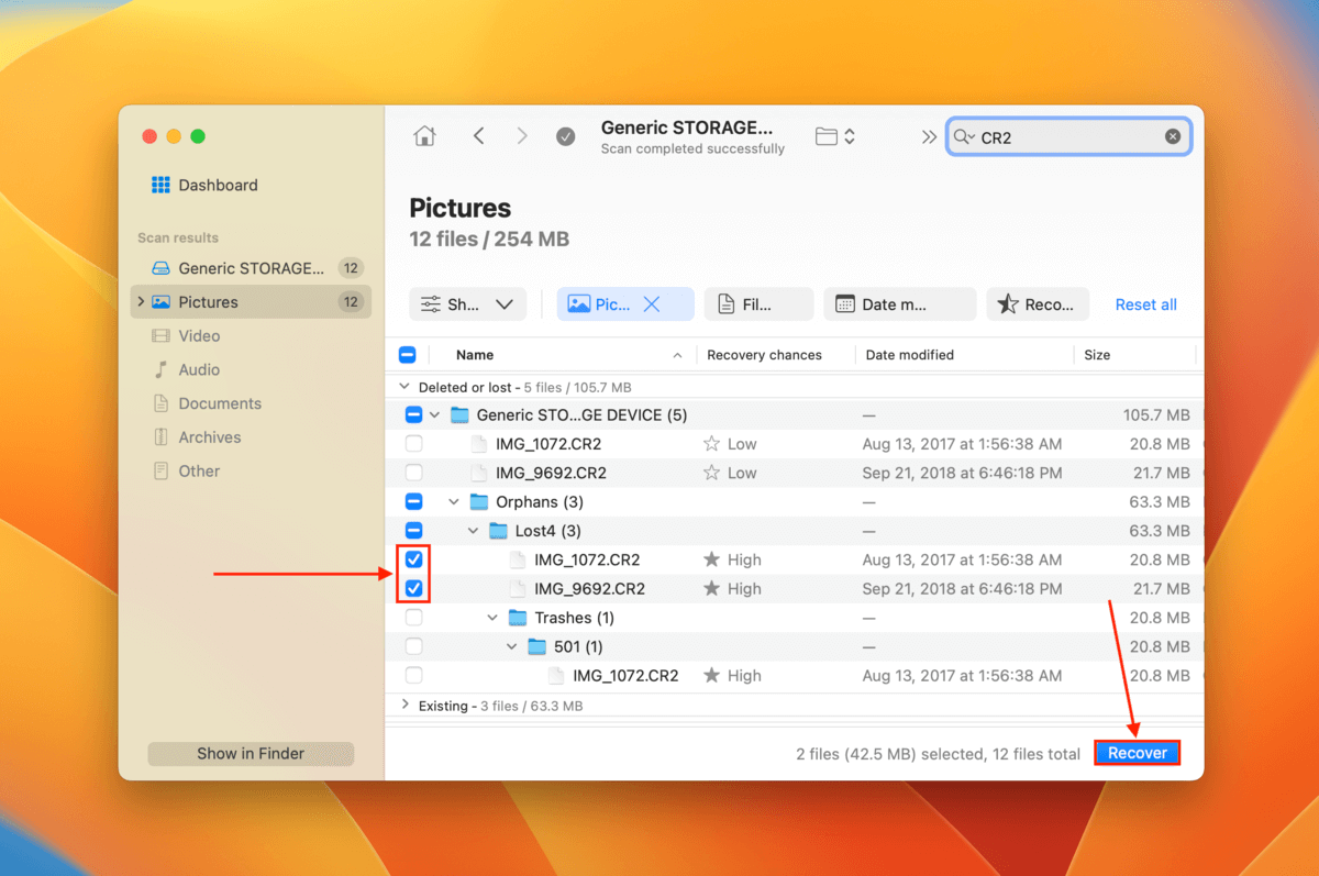 在 Disk Drill 中的檔案選擇窗口