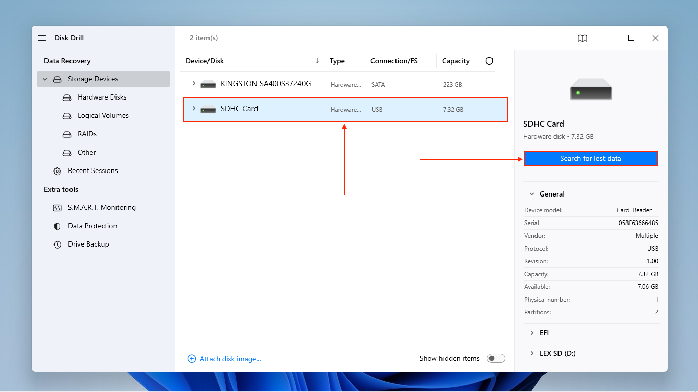 SD card selection window in Disk Drill