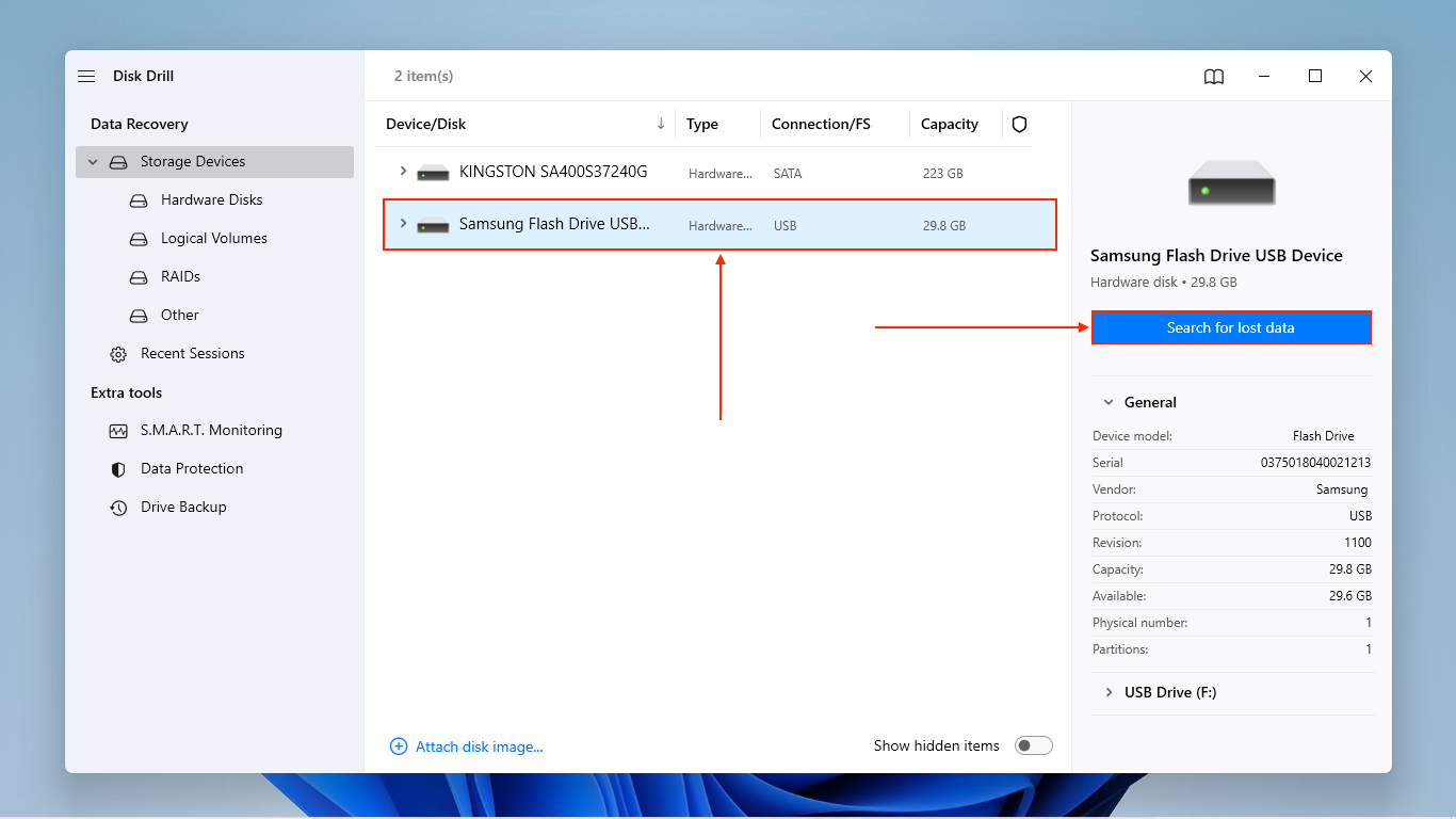 Hard drive selection window in Disk Drill