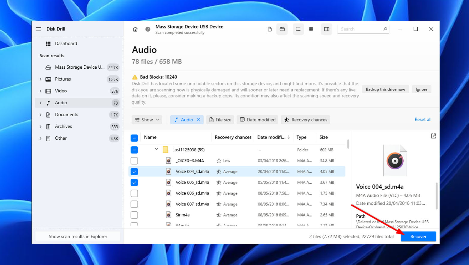 Seleccionar Archivos de Disk Drill