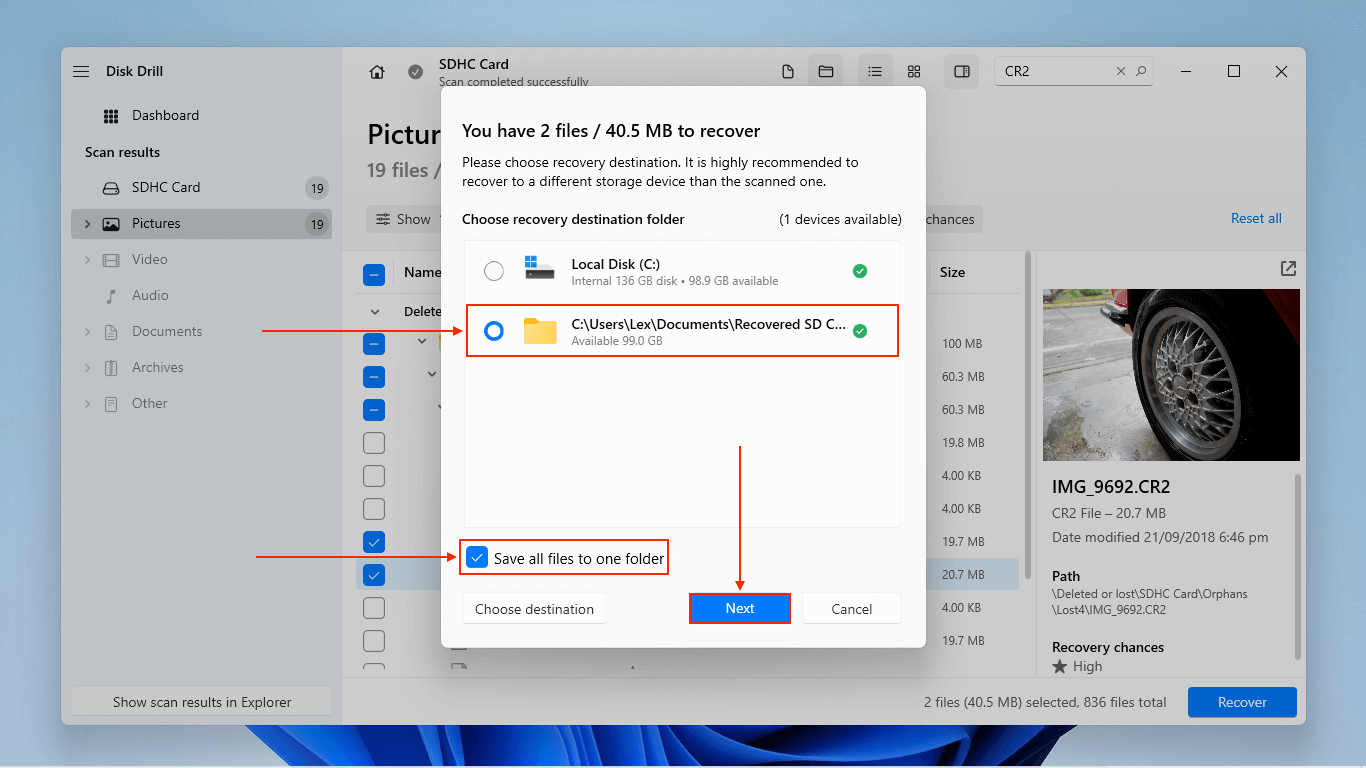 Destination selection dialog