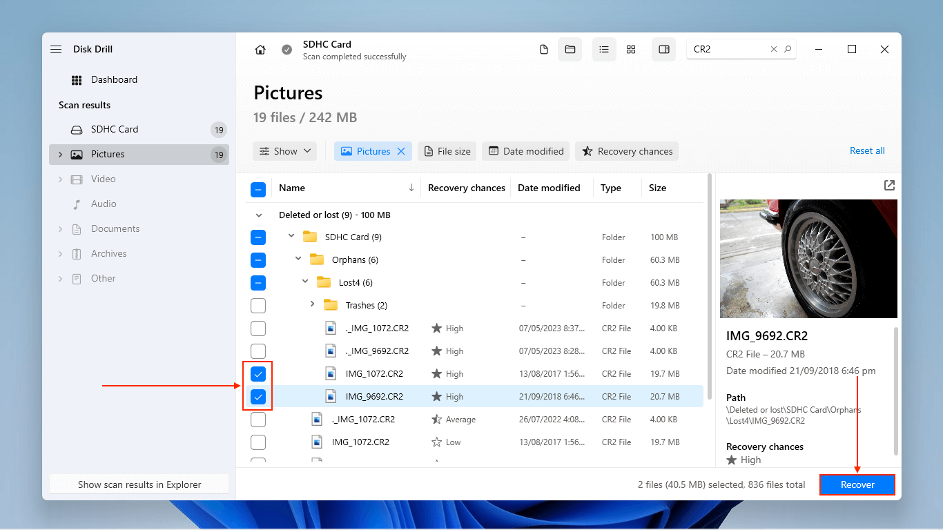 Dateiauswahlfenster in Disk Drill für Windows