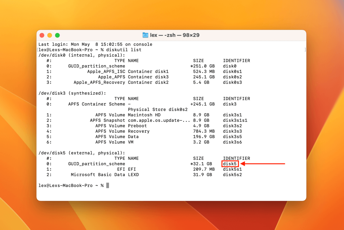 diskutil list command in Terminal