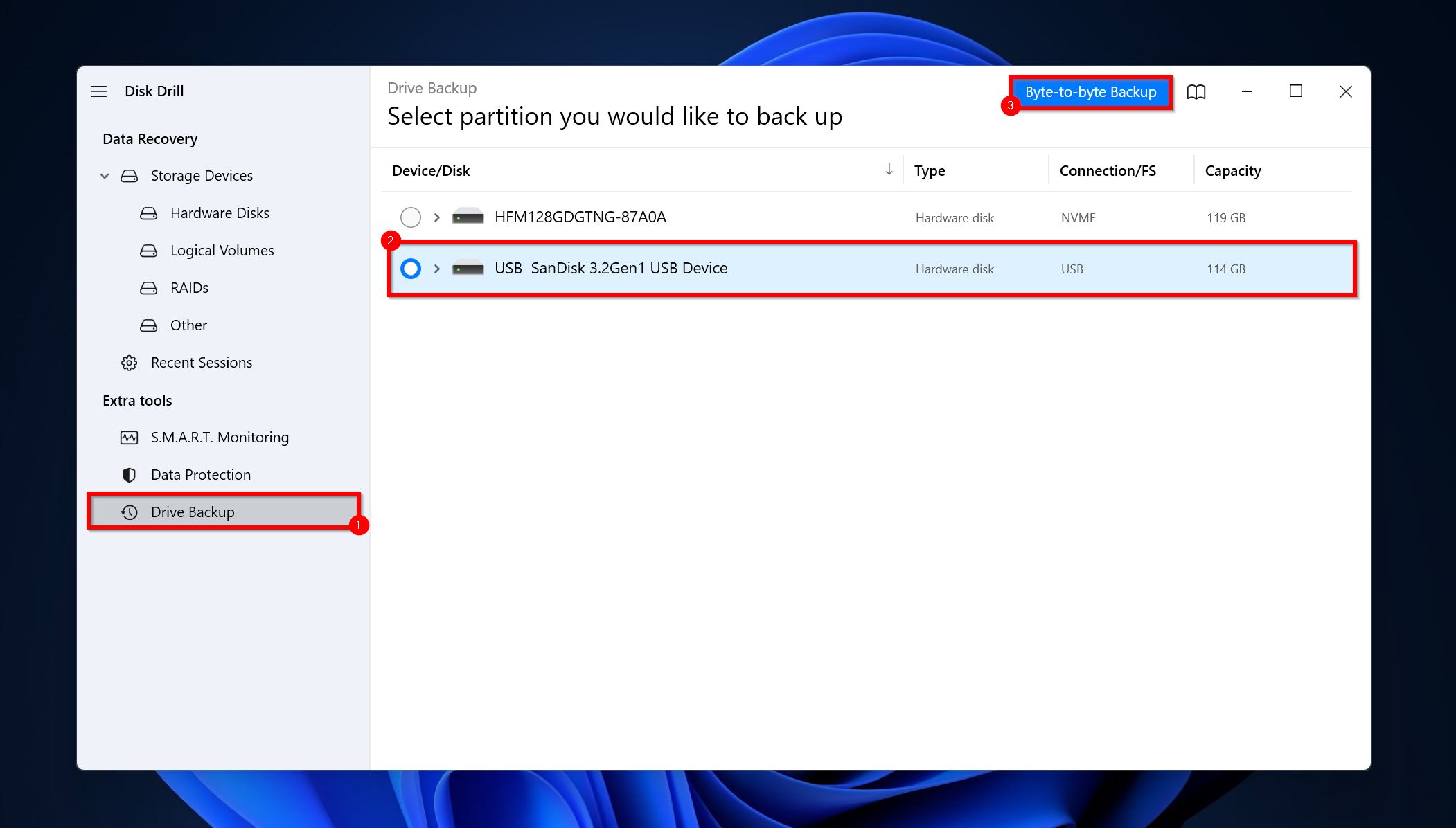 Byte-för-byte Backup-knapp.