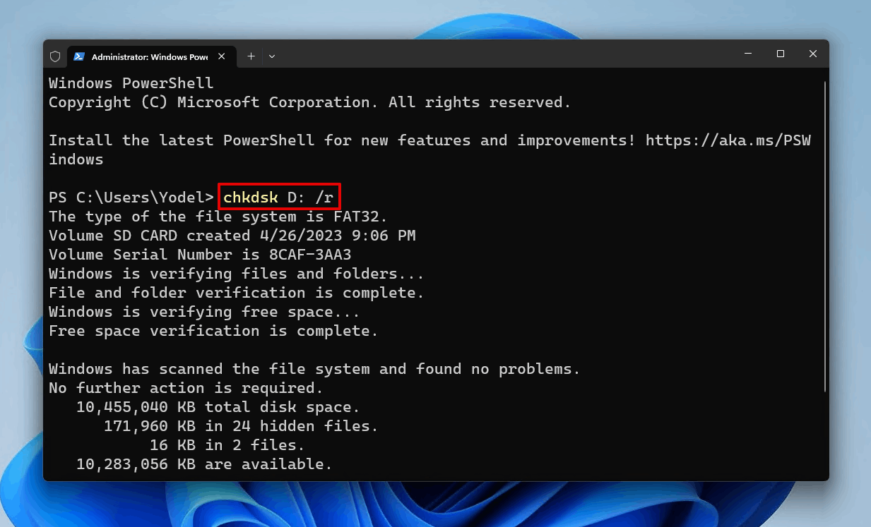 CHKDSK komutu çalıştırılıyor.