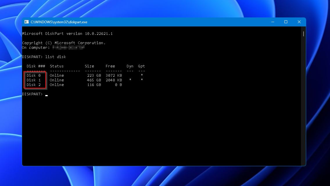 diskpart disk numbers