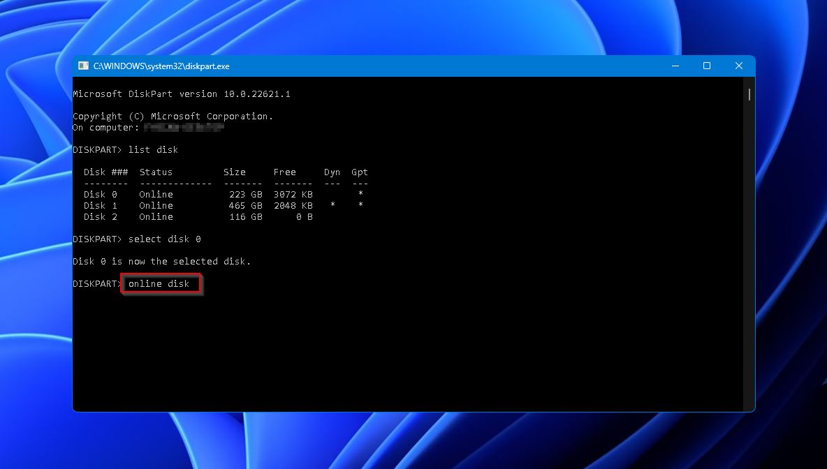 diskpart online disk