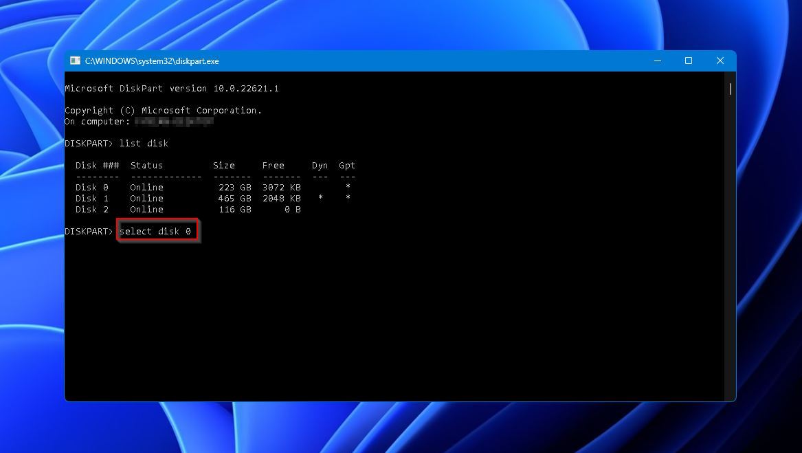 diskpart select disk
