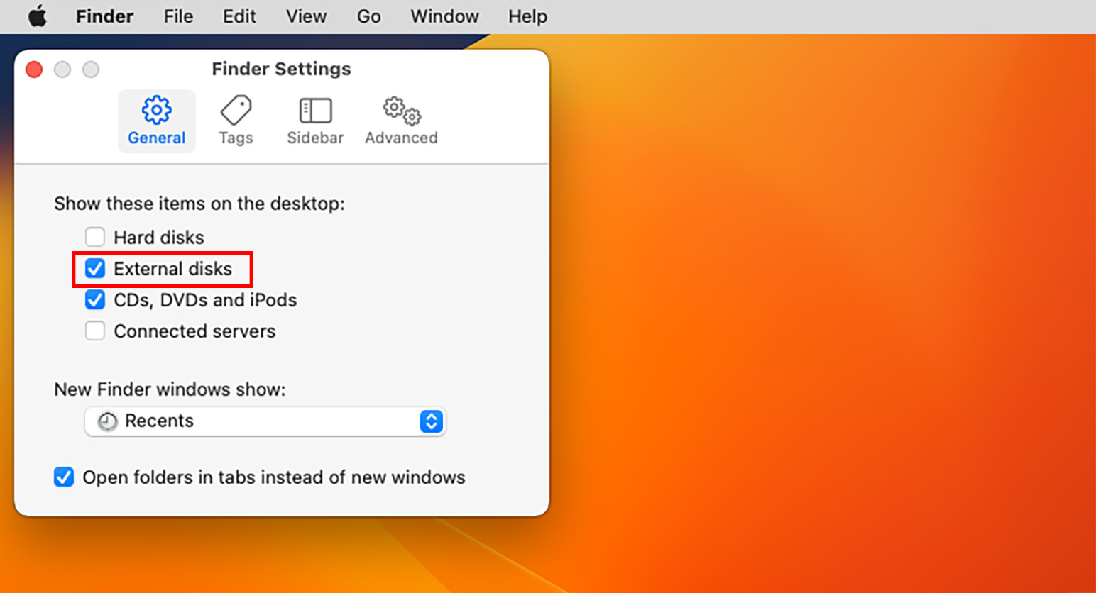 Enable external disks in finder