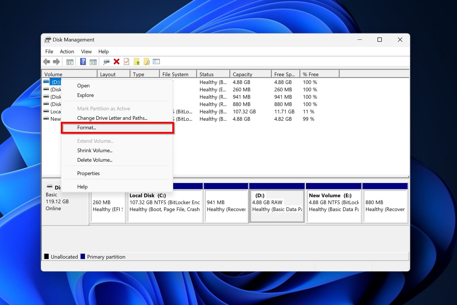 Format option in Disk Management.