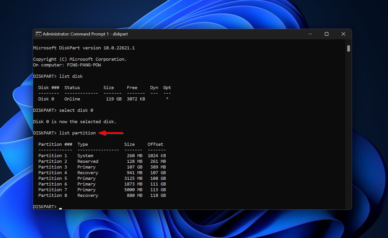 List partition command.